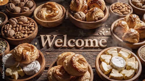 Overhead Shot of Rustic Wooden Table with Variety of Baked Goods Nuts and Grains Arranged Displaying the Word Welcome
