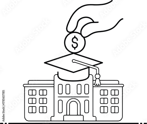 Hand dropping dollar coin onto graduation cap atop university building concept