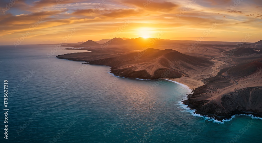 Fototapeta premium Aerial view of a coastline bathed in golden sunlight during a sunset. Majestic landscape