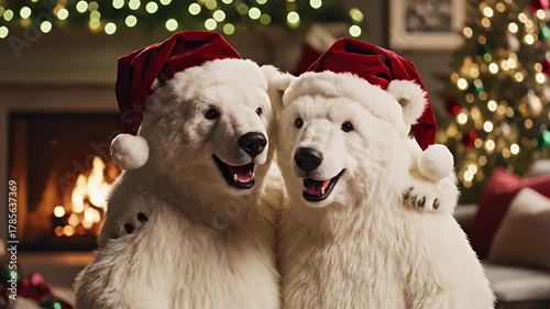 Two Polar Bears Wearing Red Santa Hats Embracing Near Fireplace Christmas Decoration