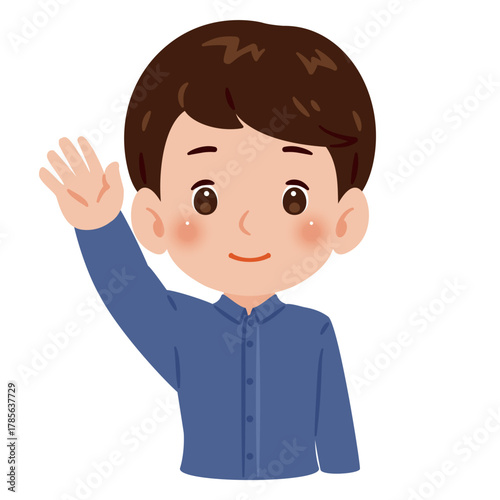 片手を高く上げた男性　上半身イラスト／Upper Body Illustration of Man Raising One Hand High