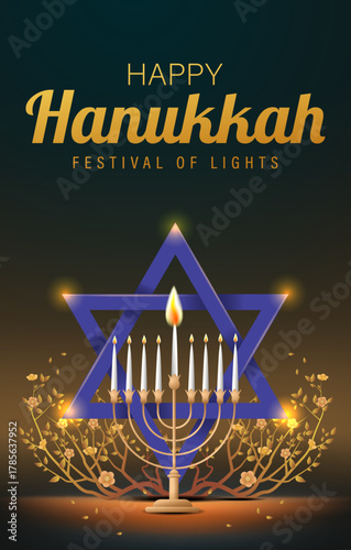 Beautiful menorah with glowing candles and Star of David for Happy Hanukkah celebration on dark elegant background illustration
