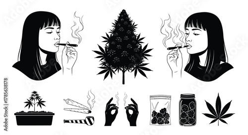 Marijuana cannabis smoking girls black and white vector design art