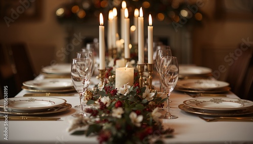 Elegantly set dining table with lit candles, floral centerpiece, and fine china for a formal occasion