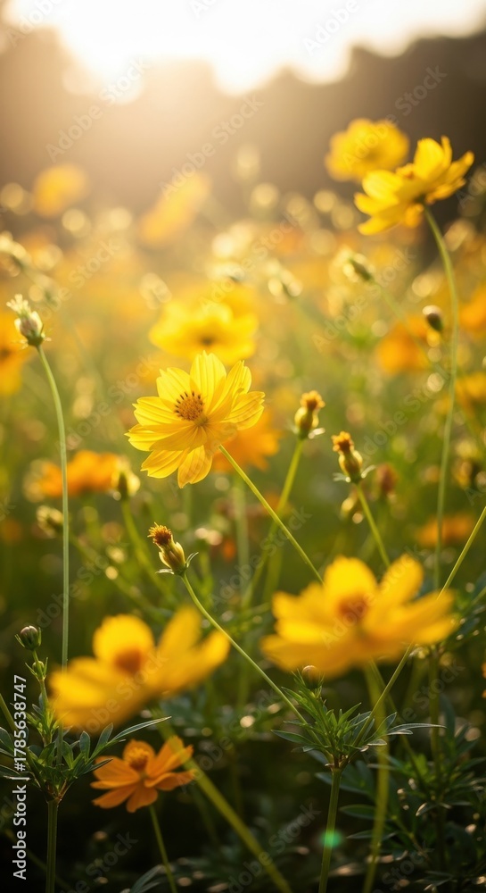 Obraz premium Bright yellow flowers bloom in a sunny field during golden hour, showcasing nature's beauty and vibrant colors