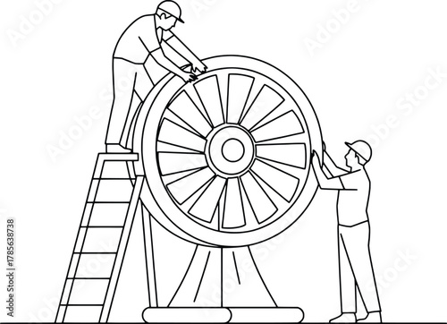 Two mechanics assemble a large wooden wagon wheel on a platform
