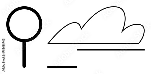 Magnifying glass, abstract cloud shape, and simple lines representing digital search and concepts thumbs up exploration, data storage, online platforms. Ideal for innovation, discovery, connectivity