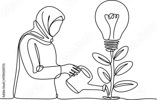 Woman in hijab watering a plant that grows into a light bulb idea concept