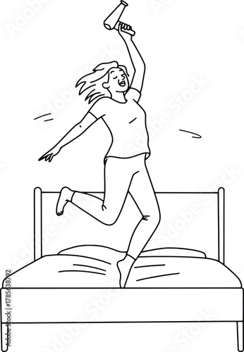 Joyful person jumping high on bed celebrating freedom energy enthusiasm happiness