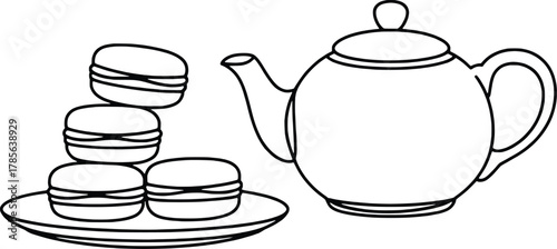 Hand drawn sketch of a teapot and stacked macarons on a plate
