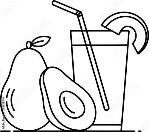 Fresh avocado smoothie in a tall glass with straw and fruit slice hand-drawn style