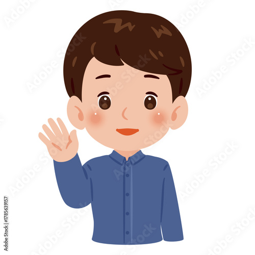 片手を上げて挨拶する男性　上半身イラスト／Upper Body Illustration of Man Waving One Hand in Greeting