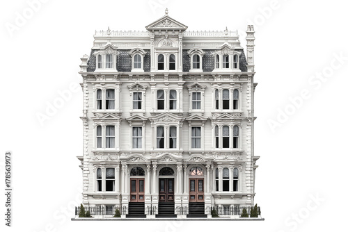 Detailed White Victorian Townhouse Facade with Ornate Architecture Isolated