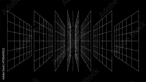 3D wireframe perspective grid room template design vector illustration background. Empty three dimensional virtual room perspective wireframe grid geometric sketch. Cyber virtual line interior frame.