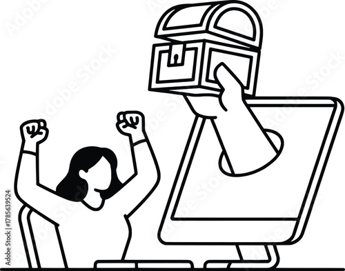 Woman celebrating receiving package from computer screen online shopping joy