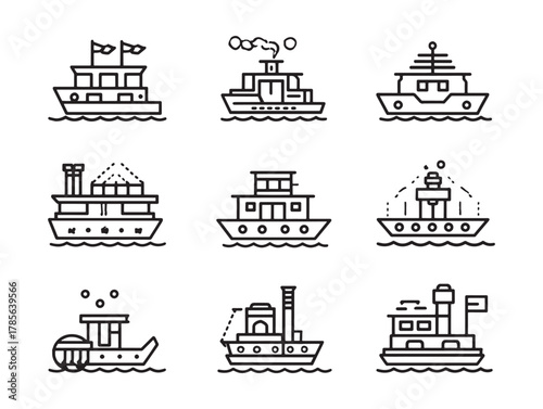 Paddleboat line art glides through waves