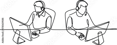 Two people working on computers in a minimalist single line drawing style