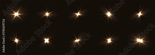 Golden fash light vector set on black background. Sparkle shining magic holiday starlight. Festive glow yellow flashing lights collection.