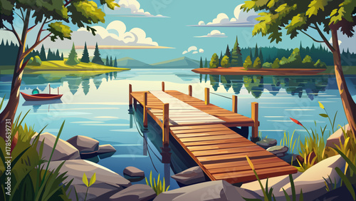 Very beautiful rustic wooden dock on raised pontoons extending into an idyllic Minnesota lake, featuring calm summer water, clear sky, soft natural light, and a realistic peaceful outdoor atmosphere.