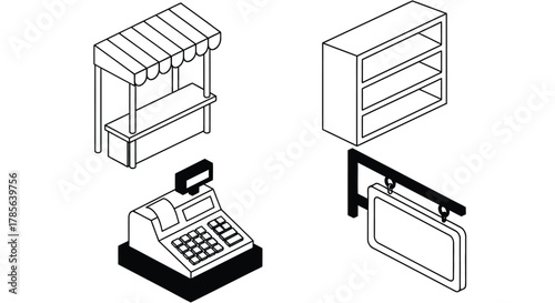 Isometric store setup market stall cash register shelving unit sign