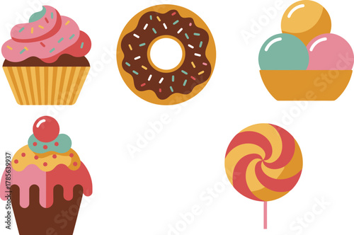Sweet treats galore cupcakes, donut, ice cream, and lollipop bring sugary delight