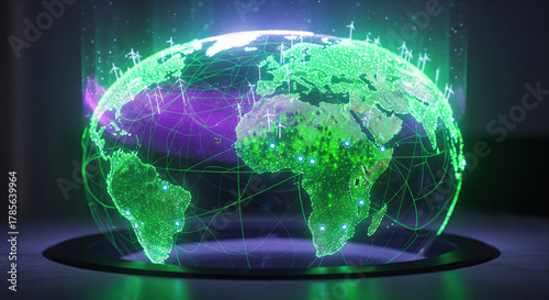 Glowing digital world map green energy renewable power wind turbine futuristic technology network connection sustainability environmental innovation global communication eco friendly
