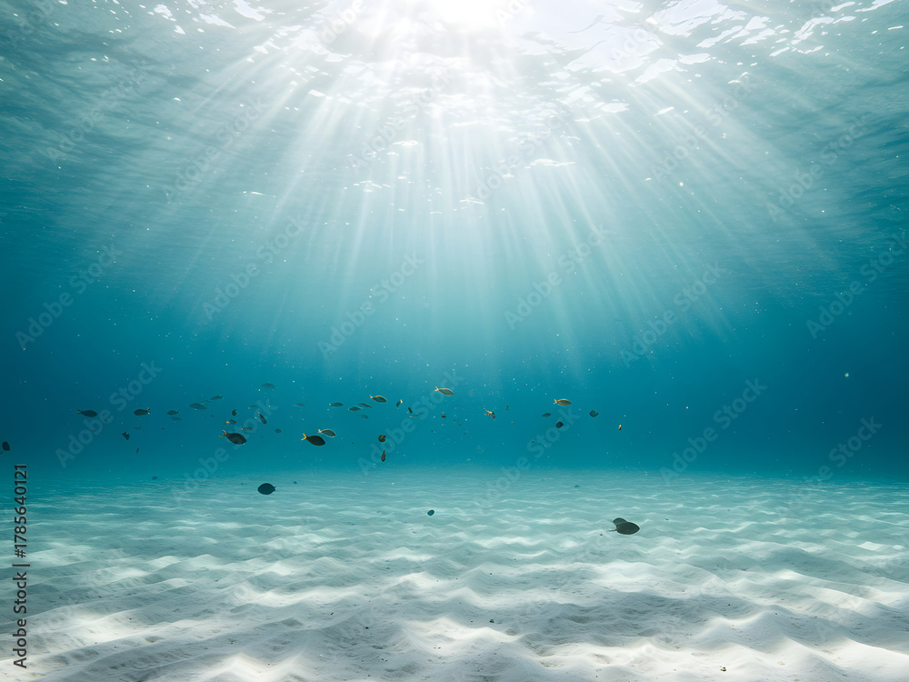 Naklejka premium Sunlit Underwater Scene-Bright Sun Rays Underwater - Tropical Ocean with Coral Reef & Sandy Seabed
