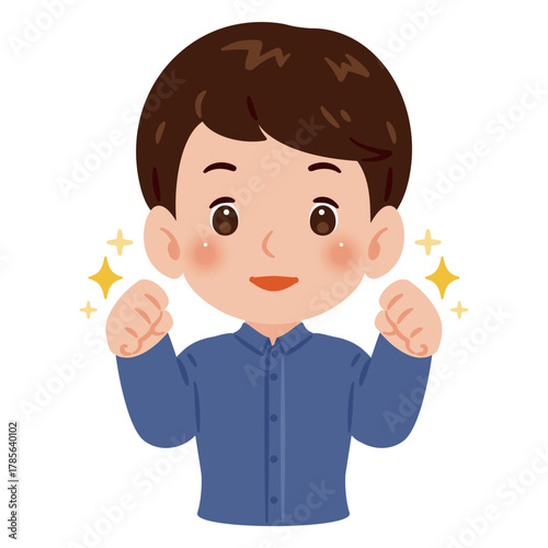 両手でガッツポーズをした男性　上半身イラスト／Upper Body Illustration of Man Doing Double Fist Pump with Bent Arms