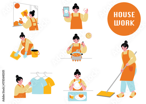 家事をする女性のイラストセット