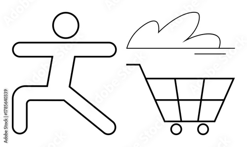 Stick figure pushing a shopping cart with goods in a simplistic design. Ideal for shopping, fitness, movement, consumer habits, retail, minimalism, productivity. A simple flat metaphor