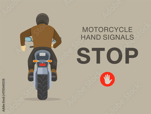 Safe motorcycle riding tips and rules. Types of motorcycle hand signals. Bending elbow and pointing fingers down means "stop". Back view. Flat vector illustration template.