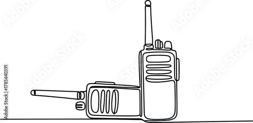 Two handheld two way radios in simple continuous line art style