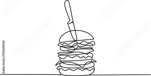 Simple line drawing of a tall burger with a knife stuck in it