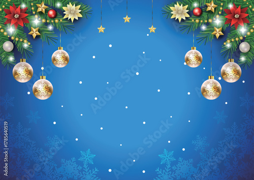 クリスマス背景、雪の結晶、青、オーナメント、かわいい、イラスト、横