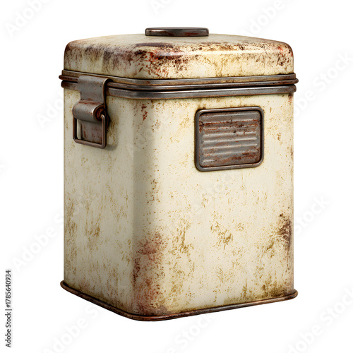 Antique Metal Food Container: A vintage, rectangular metal food container, showcasing the patina of time with a secure clasp, aged surface, and a subtle charm of olden days. 