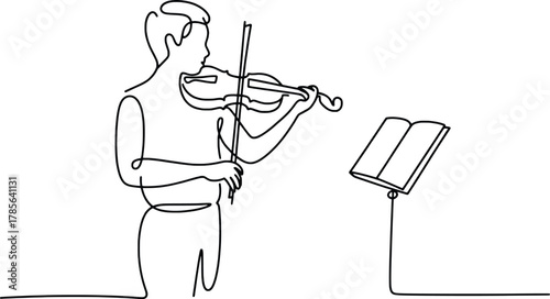 Continuous line drawing of a person playing violin next to a music stand