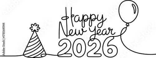 Happy new year 2026 minimalist line art celebration with party hat and balloon