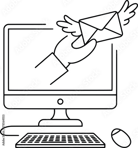 Computer screen showing hand delivering mail with wings concept for digital communication