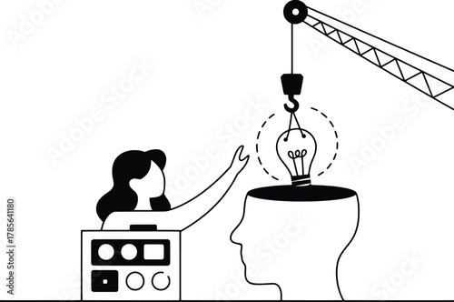 Crane lifts lightbulb into open head symbolizing idea creation and innovation