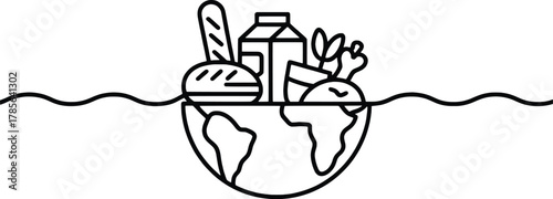 Global food supply concept earth half submerged with groceries floating