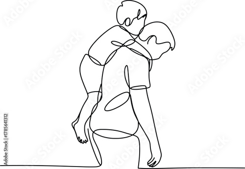 Continuous line drawing of father carrying child on back piggyback embrace