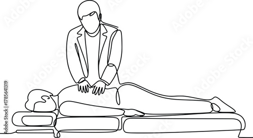 Therapist performing massage on patient lying on massage table detailed line art