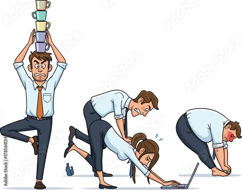 Office workers performing yoga poses and stretching to relieve stress