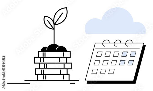 Sprouting plant atop stacked coins symbolizes growth calendar with cloud highlights planning and sustainability. Ideal for finance, investment, growth, planning, environment, savings, strategy