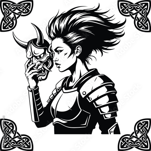 Imperial oni vector enigma: an awe-inspiring illustration of an armored female samurai warrior revealing a formidable horned demon mask, framed by four luxurious black and white celtic knot crests.