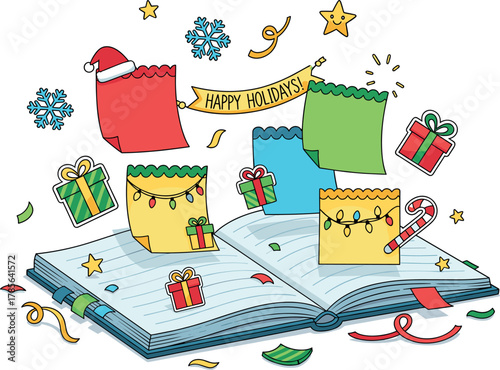 Open book with christmas decorations and gifts exploding from pages