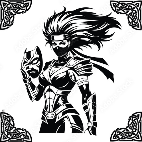 Elite kunoichi vector emblem: a dynamic illustration of an armored female ninja warrior revealing a dark demon mask, majestically framed by four opulent black and white celtic knot corners.