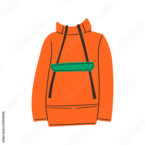 Winter skiing suit for mountain sport in orange color. Hand drawn vector illustration in flat style on white background. Ski, snowboard suit with hood. Warm waterproof and windproof clothes