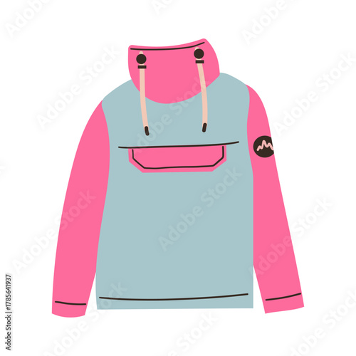 Winter skiing suit for mountain sport in blue color. Hand drawn vector illustration in flat style on white background. Ski, snowboard suit with hood. Warm waterproof and windproof clothes