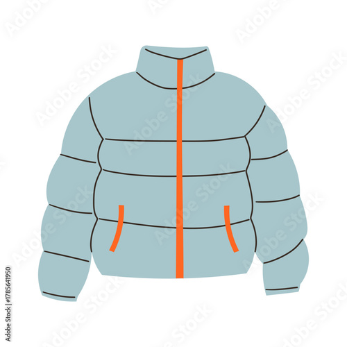 Winter skiing suit for mountain sport in blue color. Hand drawn vector illustration in flat style on white background. Ski, snowboard suit with hood. Warm waterproof and windproof clothes